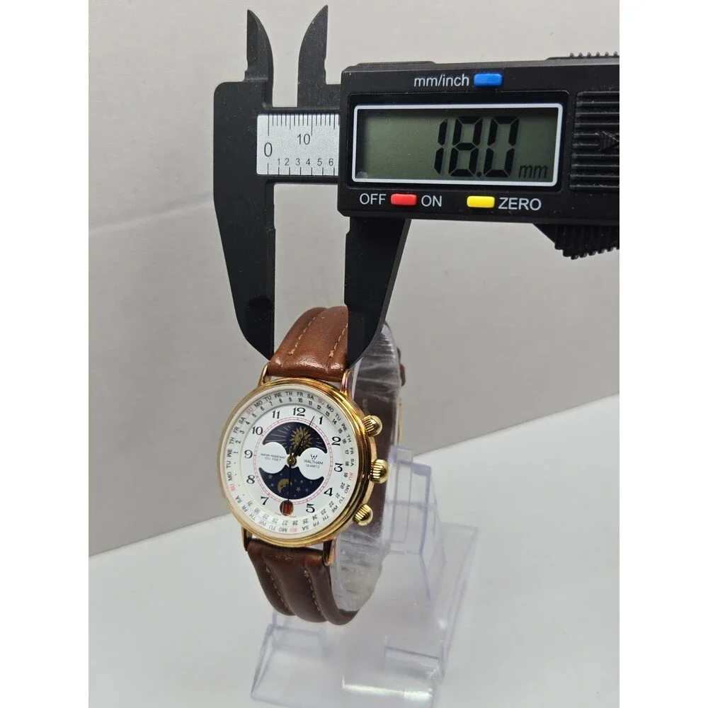 Waltham XF9020B Vintage Mens Sun Moon Calendar Goldtone Quartz Watch New Battery